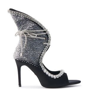 AZALEA WANG Black & Silver Rhinestone Open-Toe Lace-Up Stiletto Booties